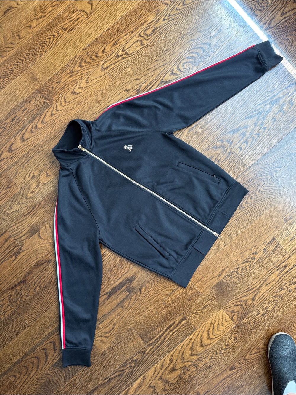 Men's OVO Black Zip-Up Track Jacket with Red & White Sleeve Stripes, Gold Zipper